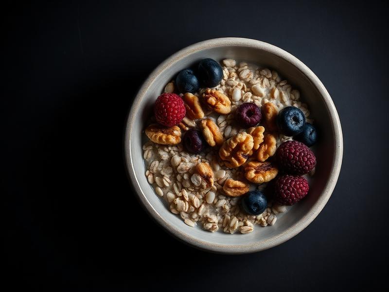 Bowl of steel cut oats with berries and walnuts