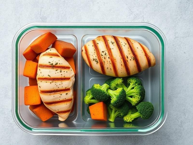Meal prep container with grilled chicken, sweet potato, and broccoli