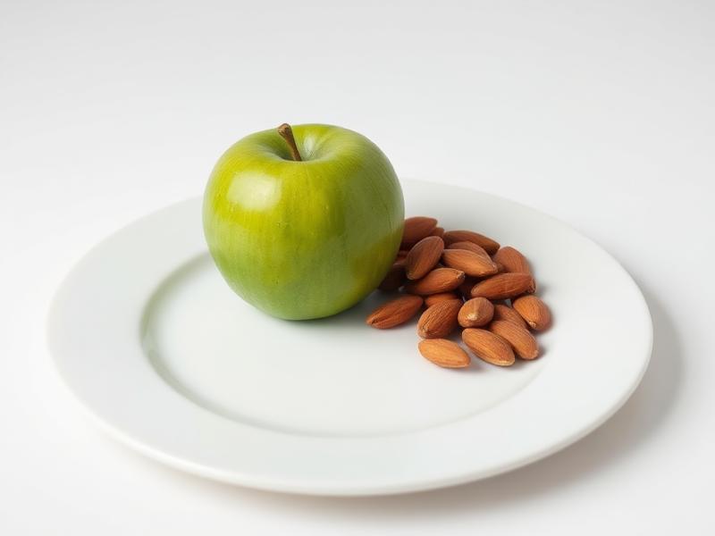 Green apple and almonds on a white plate